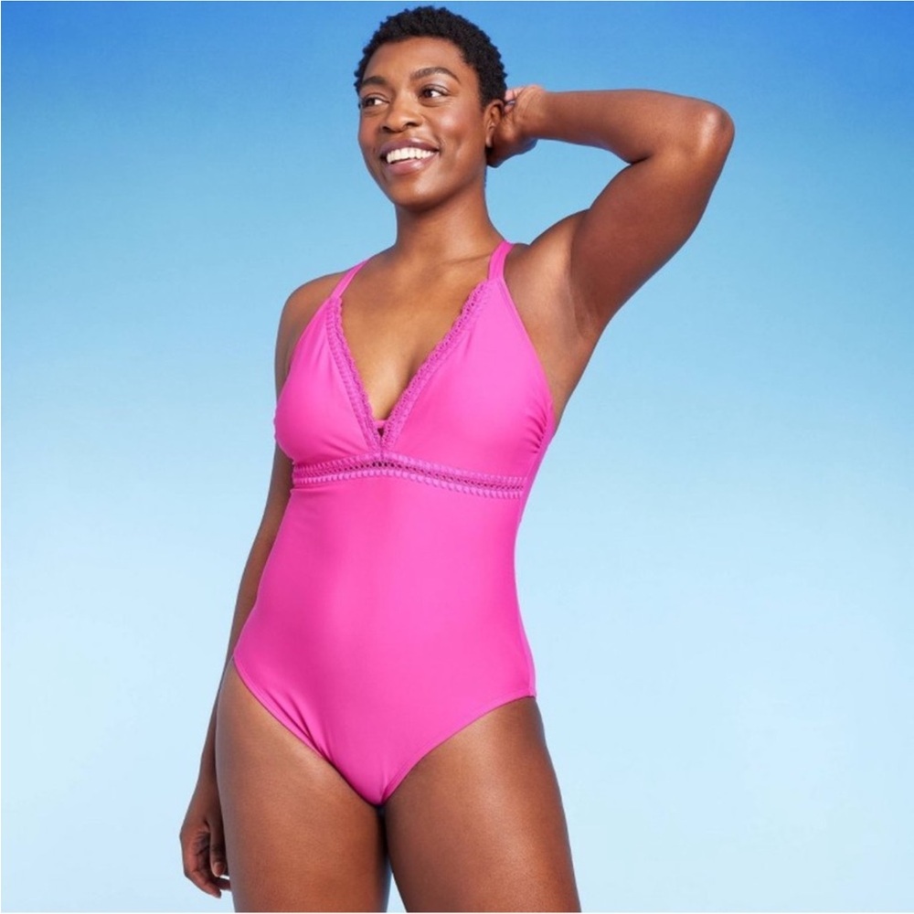 KONA SOL Pink One-Piece Swimsuit with Plunging V-Neck - Size L